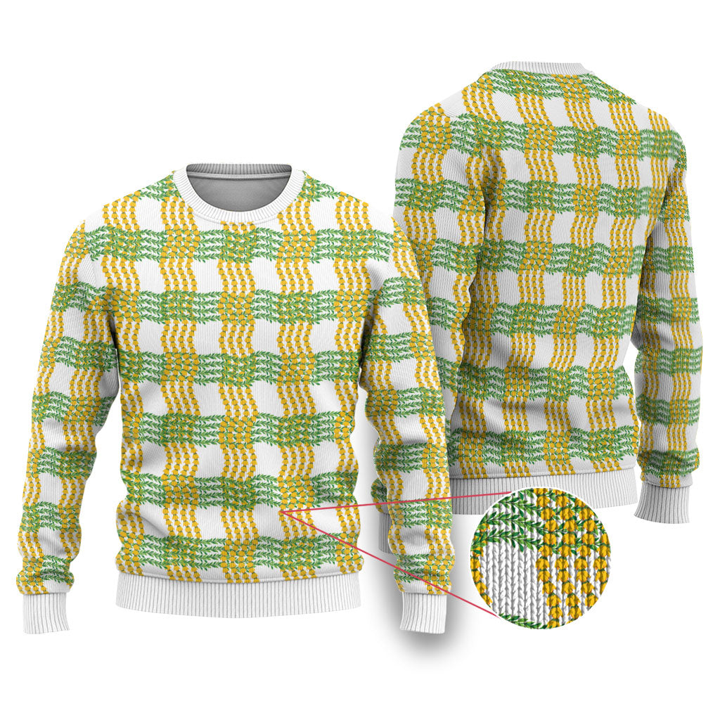 Aloha Hawaii Ilima Maile Lei Ugly Christmas Sweater Palaka Inspired Hawaiian-plaid White