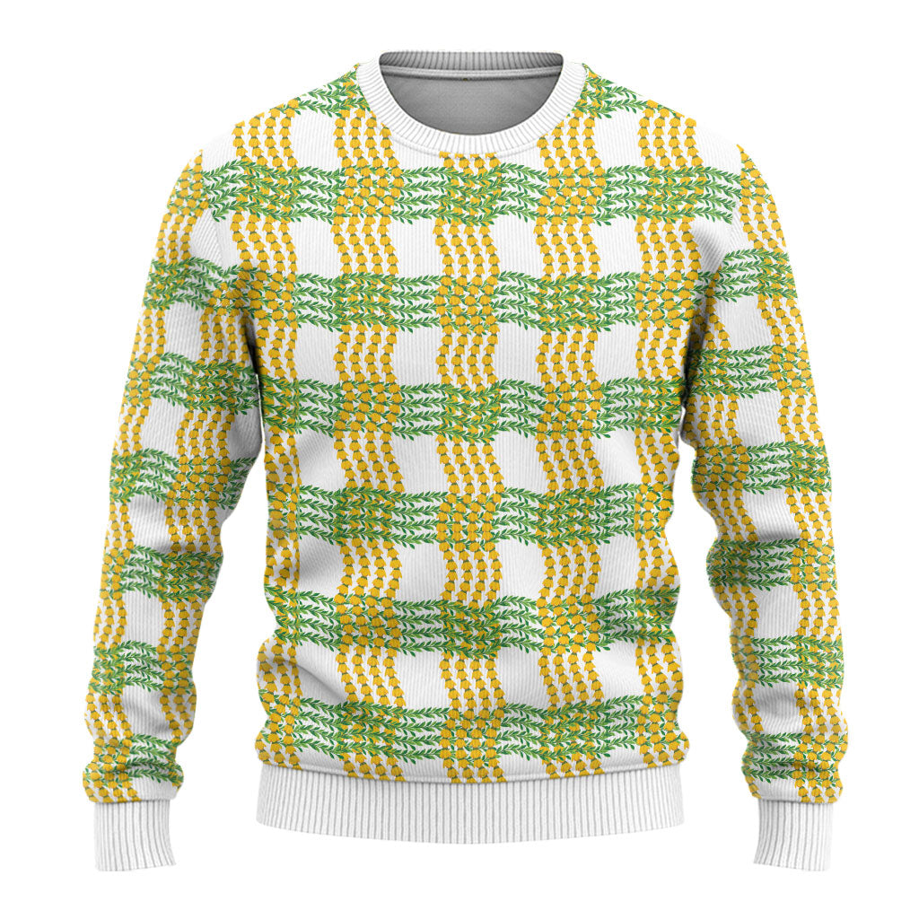 Aloha Hawaii Ilima Maile Lei Ugly Christmas Sweater Palaka Inspired Hawaiian-plaid White