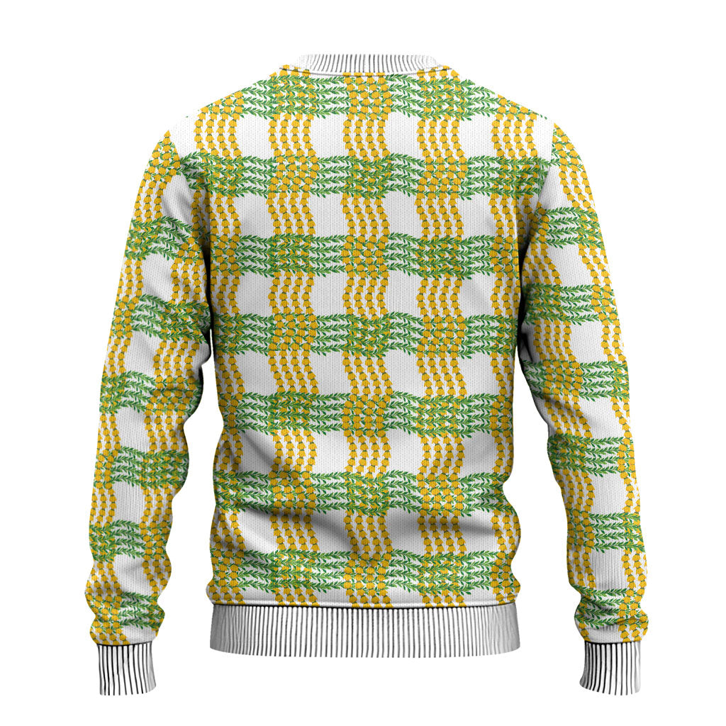 Aloha Hawaii Ilima Maile Lei Ugly Christmas Sweater Palaka Inspired Hawaiian-plaid White