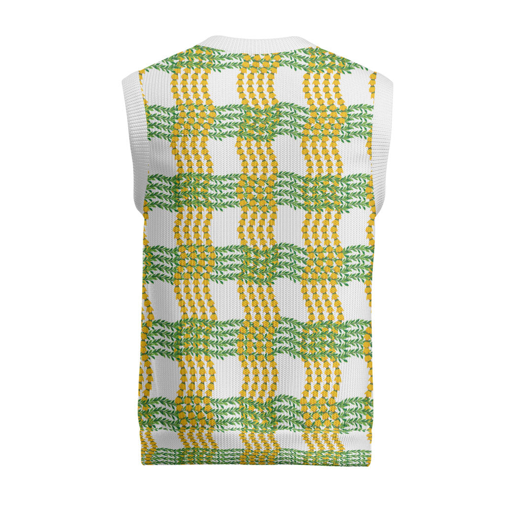 Aloha Hawaii Ilima Maile Lei Christmas Knitted V-Neck Vest Palaka Inspired Hawaiian-plaid White