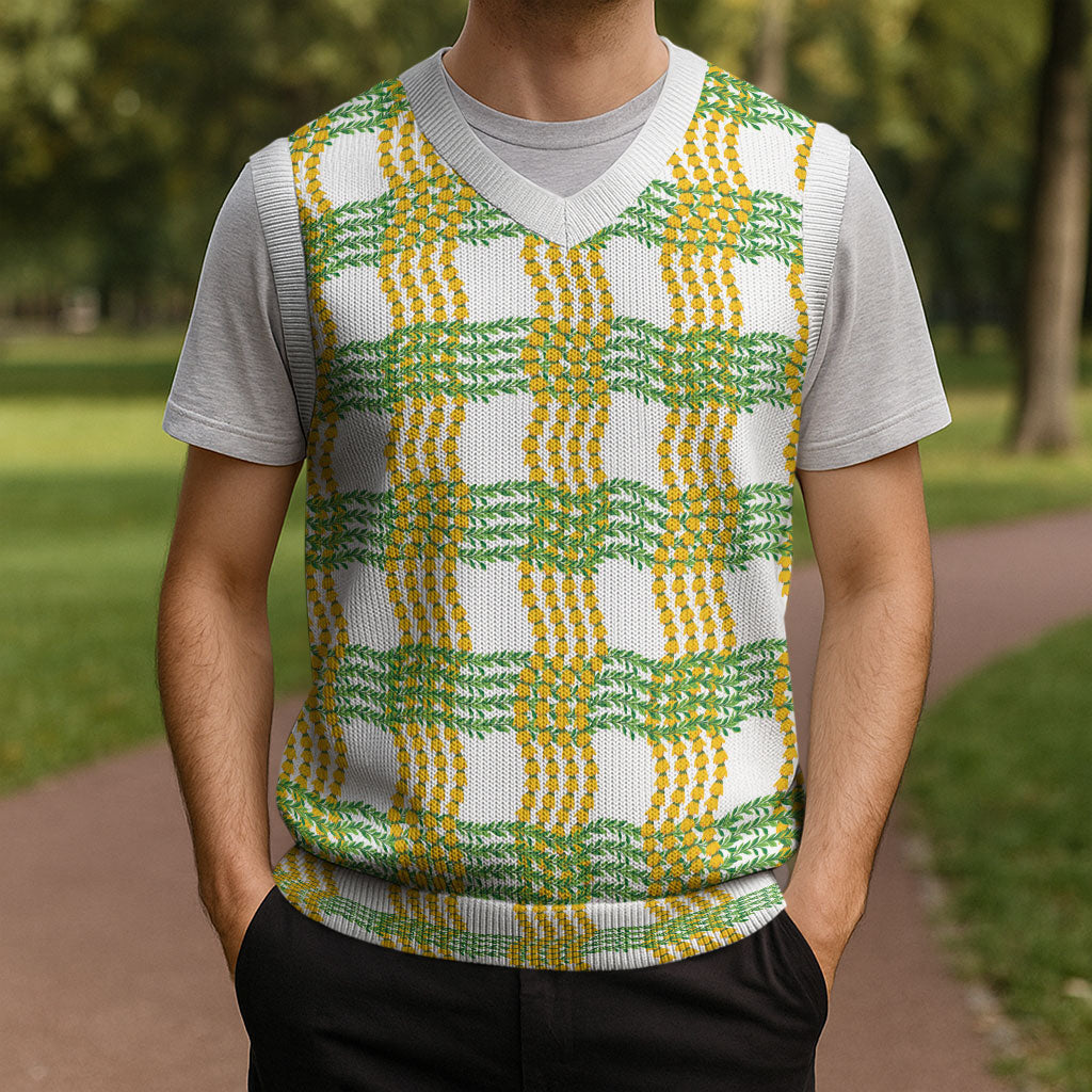 Aloha Hawaii Ilima Maile Lei Christmas Knitted V-Neck Vest Palaka Inspired Hawaiian-plaid White