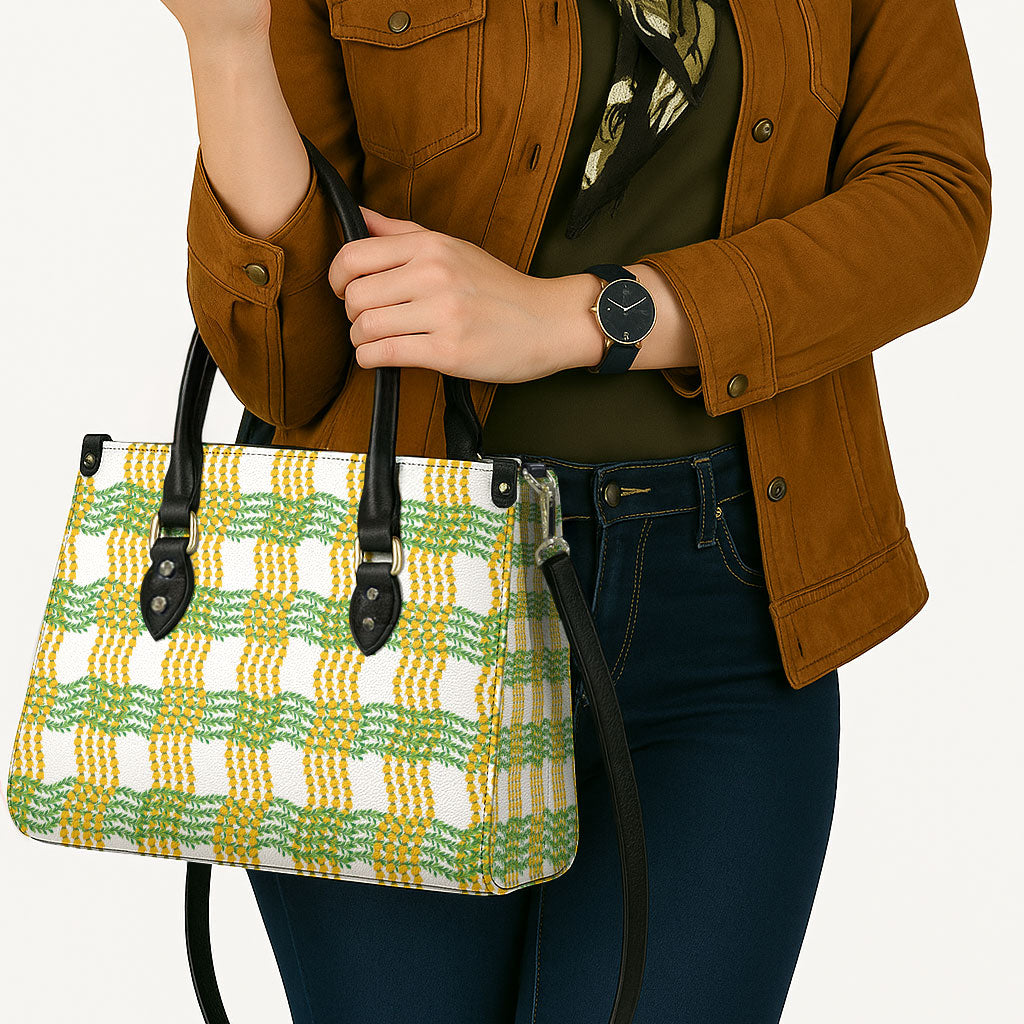 Aloha Hawaii Ilima Maile Lei Leather Bag Palaka Inspired Hawaiian-plaid White