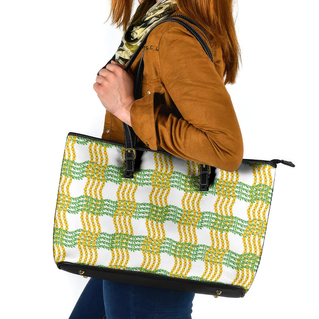 Aloha Hawaii Ilima Maile Lei Leather Tote Bag Palaka Inspired Hawaiian-plaid White