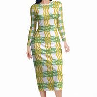 Aloha Hawaii Ilima Maile Lei Long Sleeve Bodycon Dress Palaka Inspired Hawaiian-plaid White