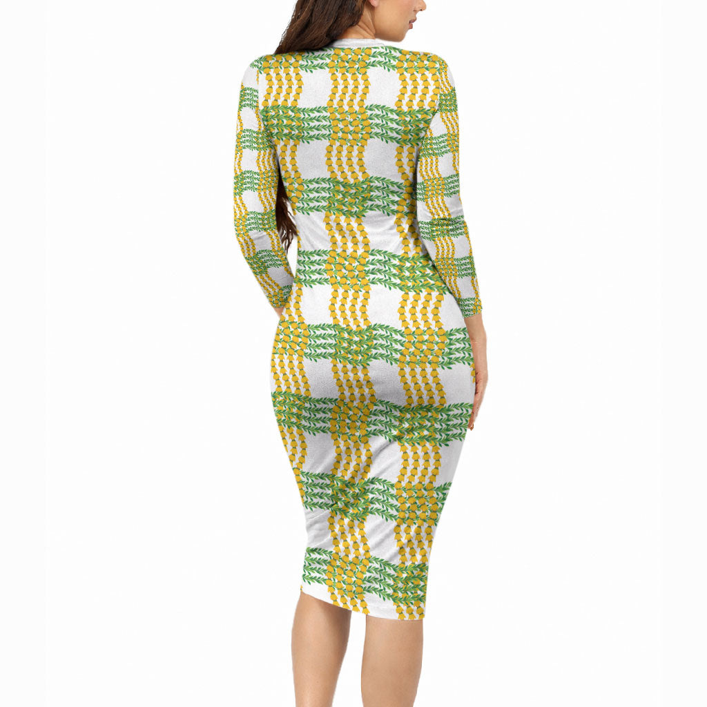 Aloha Hawaii Ilima Maile Lei Long Sleeve Bodycon Dress Palaka Inspired Hawaiian-plaid White