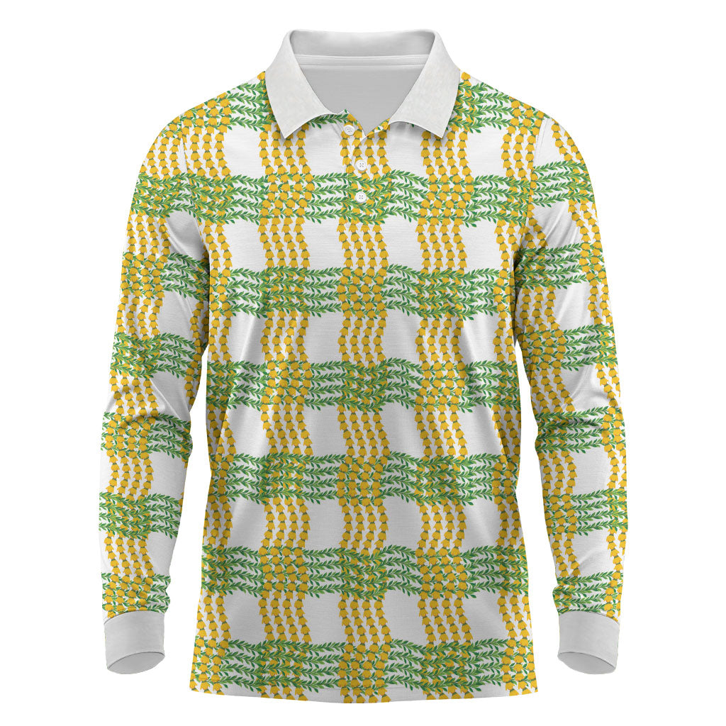 Aloha Hawaii Ilima Maile Lei Long Sleeve Polo Shirt Palaka Inspired Hawaiian-plaid White LT14 White - Polynesian Pride