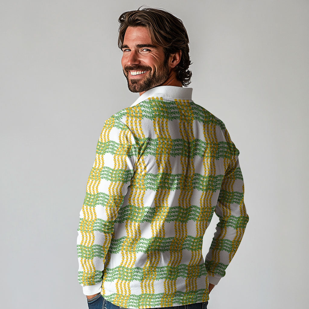 Aloha Hawaii Ilima Maile Lei Long Sleeve Polo Shirt Palaka Inspired Hawaiian-plaid White