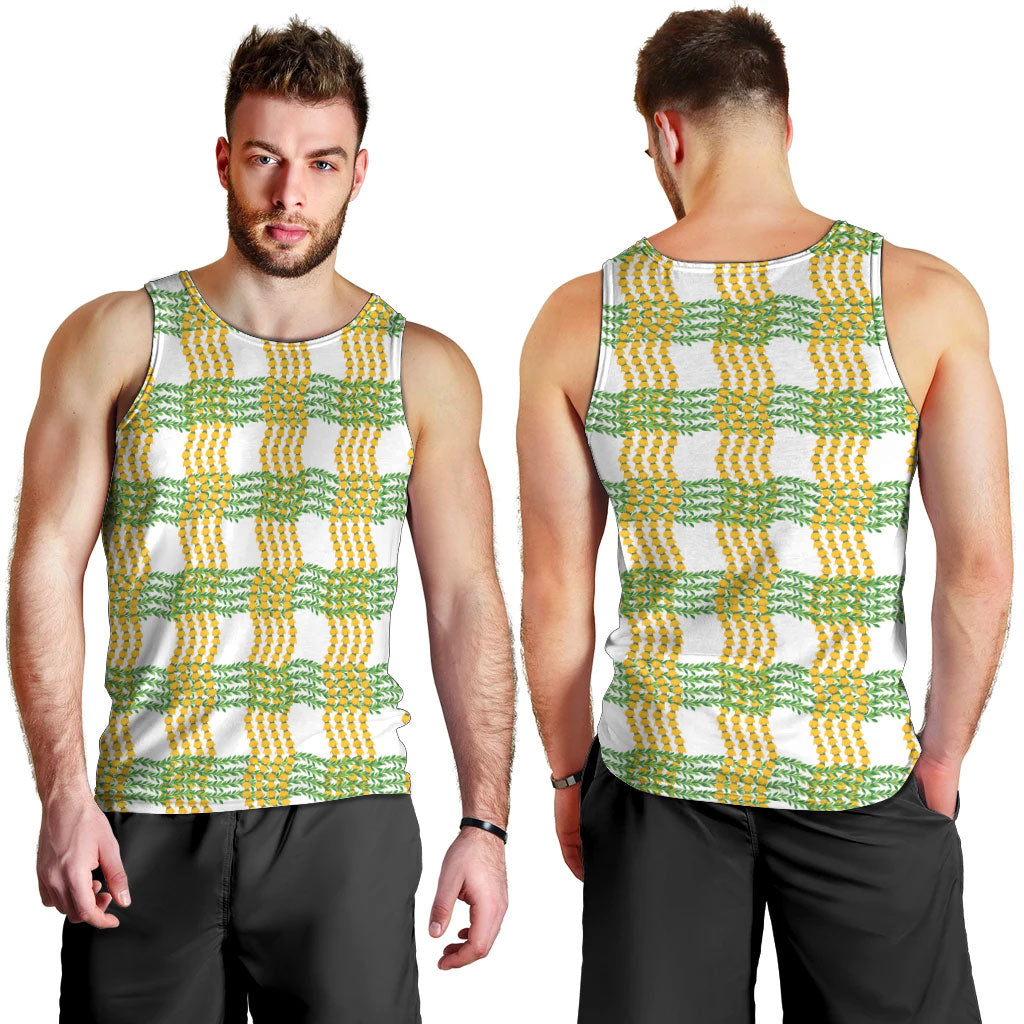 Aloha Hawaii Ilima Maile Lei Men Tank Top Palaka Inspired Hawaiian-plaid White