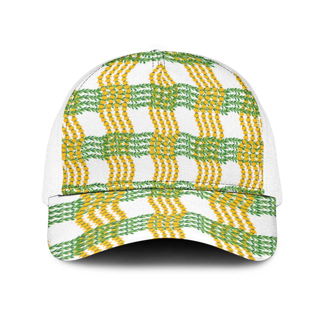 Aloha Hawaii Ilima Maile Lei Mesh Trucker Cap Palaka Inspired Hawaiian-plaid White