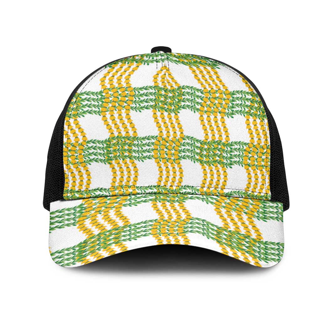 Aloha Hawaii Ilima Maile Lei Mesh Trucker Cap Palaka Inspired Hawaiian-plaid White