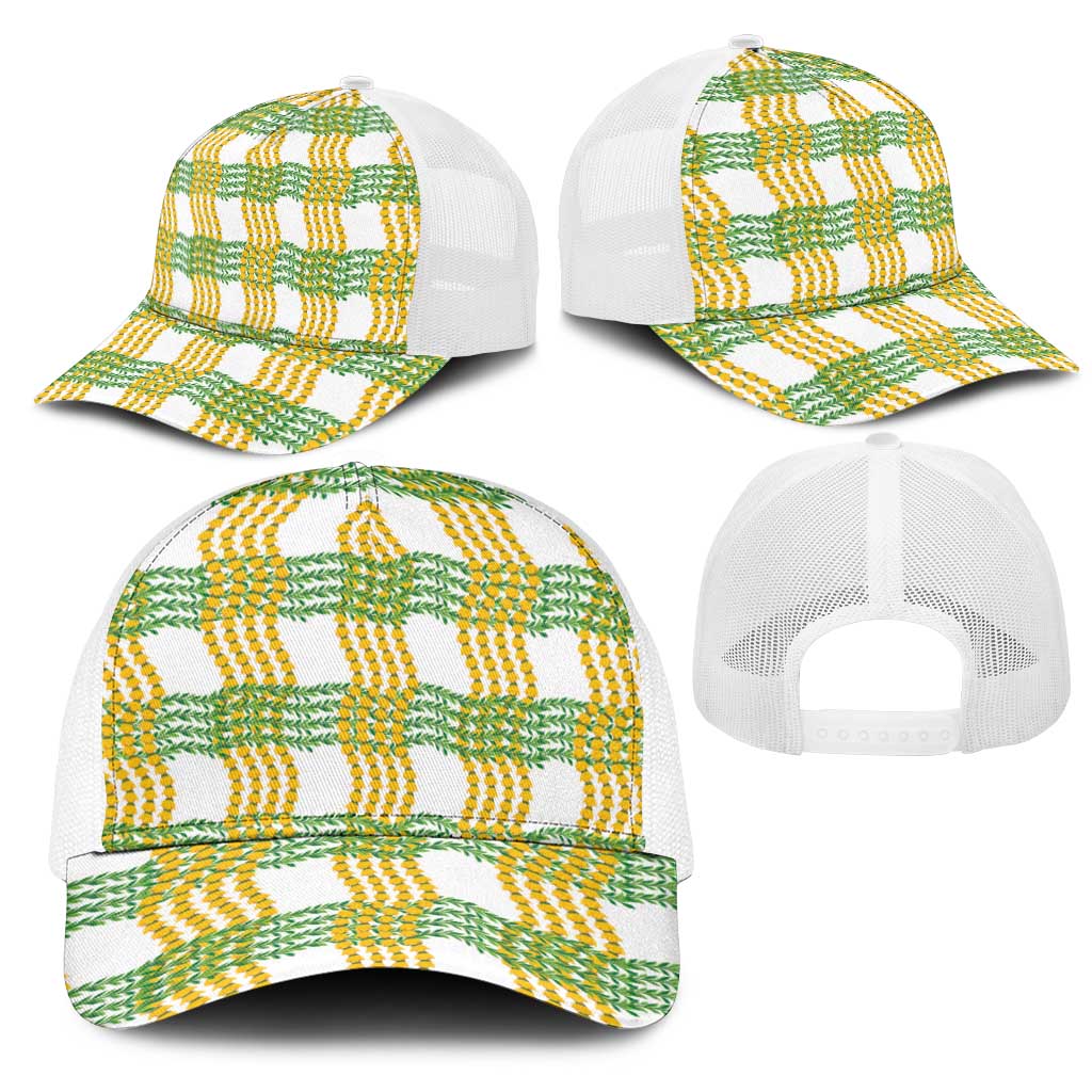 Aloha Hawaii Ilima Maile Lei Mesh Trucker Cap Palaka Inspired Hawaiian-plaid White