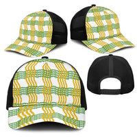 Aloha Hawaii Ilima Maile Lei Mesh Trucker Cap Palaka Inspired Hawaiian-plaid White