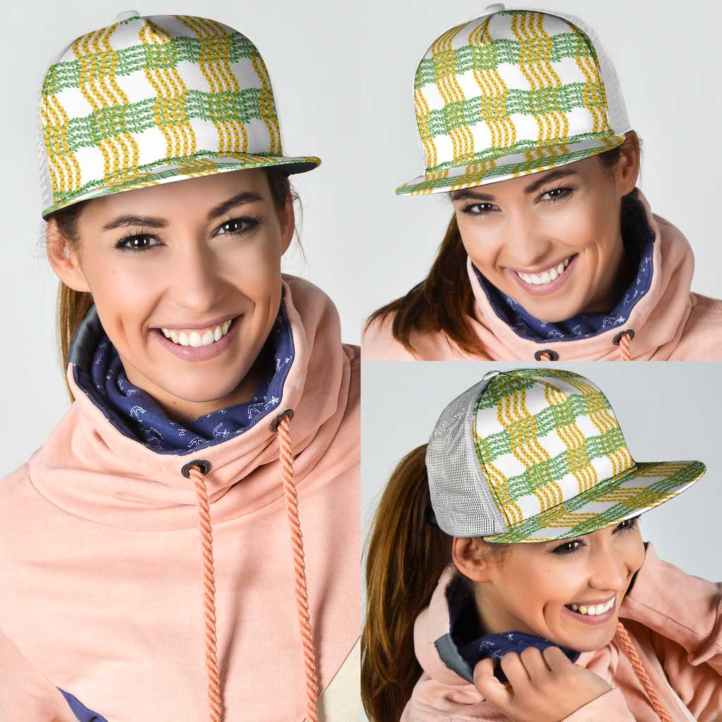 Aloha Hawaii Ilima Maile Lei Mesh Trucker Cap Palaka Inspired Hawaiian-plaid White