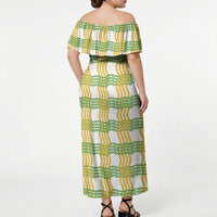 Aloha Hawaii Ilima Maile Lei Off Shoulder Maxi Dress Palaka Inspired Hawaiian-plaid White