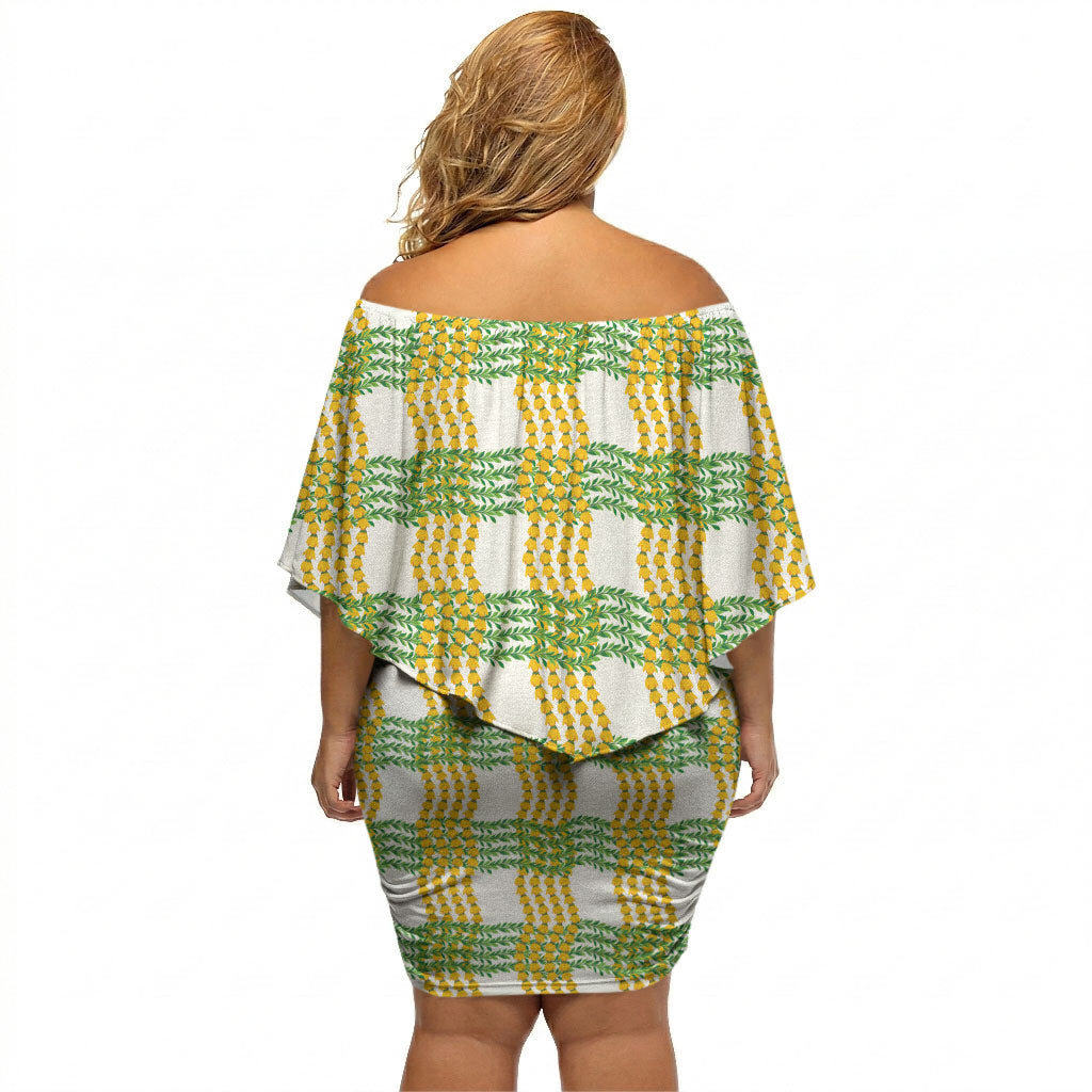 Aloha Hawaii Ilima Maile Lei Off Shoulder Short Dress Palaka Inspired Hawaiian-plaid White