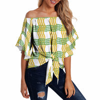 Aloha Hawaii Ilima Maile Lei Off Shoulder Wrap Waist Top Palaka Inspired Hawaiian-plaid White