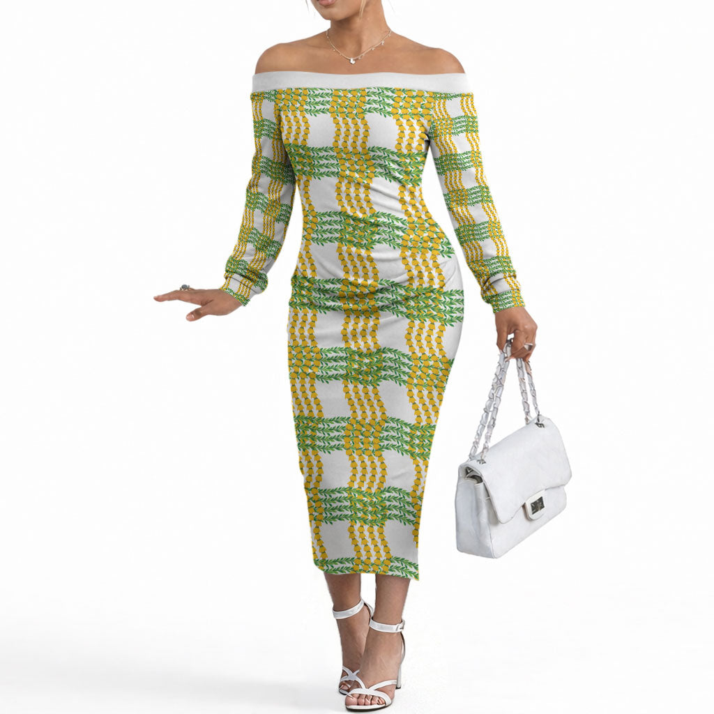 Aloha Hawaii Ilima Maile Lei Off The Shoulder Long Sleeve Dress Palaka Inspired Hawaiian-plaid White