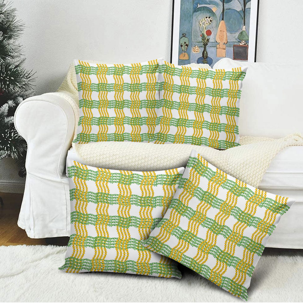 Aloha Hawaii Ilima Maile Lei Pillow Cover Palaka Inspired Hawaiian-plaid White