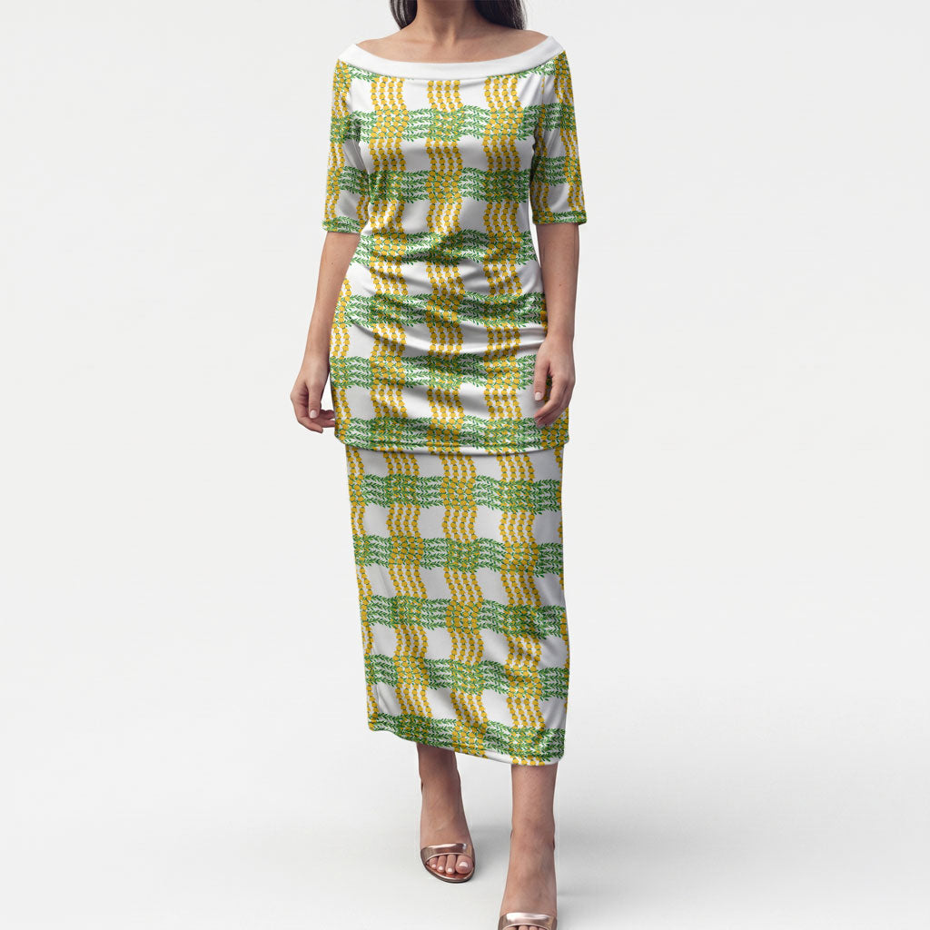 Aloha Hawaii Ilima Maile Lei Puletasi Palaka Inspired Hawaiian-plaid White