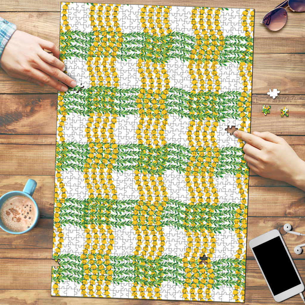 Aloha Hawaii Ilima Maile Lei Puzzle Palaka Inspired Hawaiian-plaid White