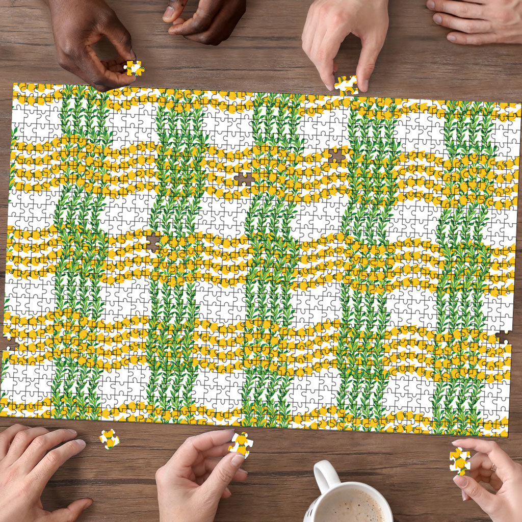 Aloha Hawaii Ilima Maile Lei Puzzle Palaka Inspired Hawaiian-plaid White