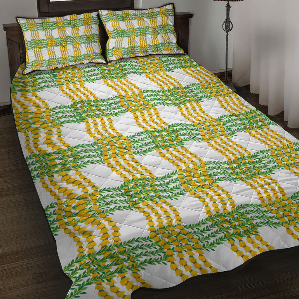 Aloha Hawaii Ilima Maile Lei Quilt Bed Set Palaka Inspired Hawaiian-plaid White