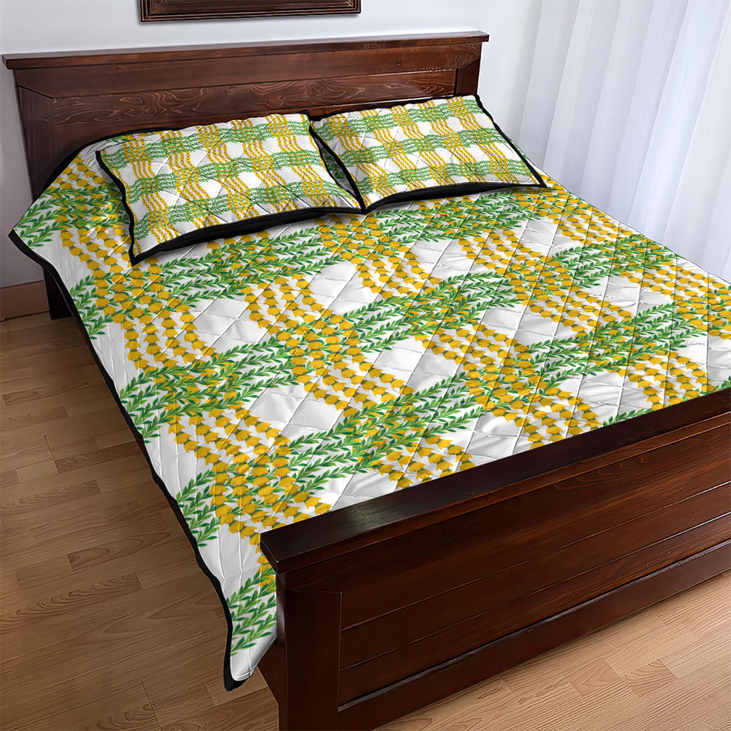 Aloha Hawaii Ilima Maile Lei Quilt Bed Set Palaka Inspired Hawaiian-plaid White