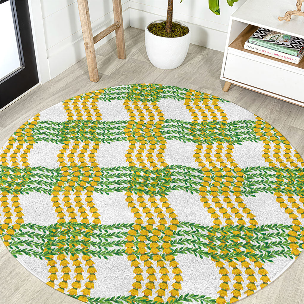 Aloha Hawaii Ilima Maile Lei Round Carpet Palaka Inspired Hawaiian-plaid White