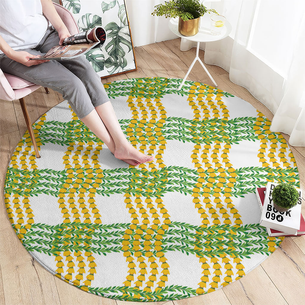 Aloha Hawaii Ilima Maile Lei Round Carpet Palaka Inspired Hawaiian-plaid White