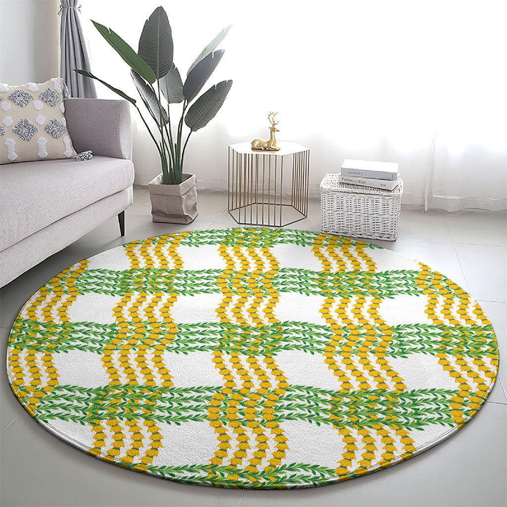 Aloha Hawaii Ilima Maile Lei Round Carpet Palaka Inspired Hawaiian-plaid White