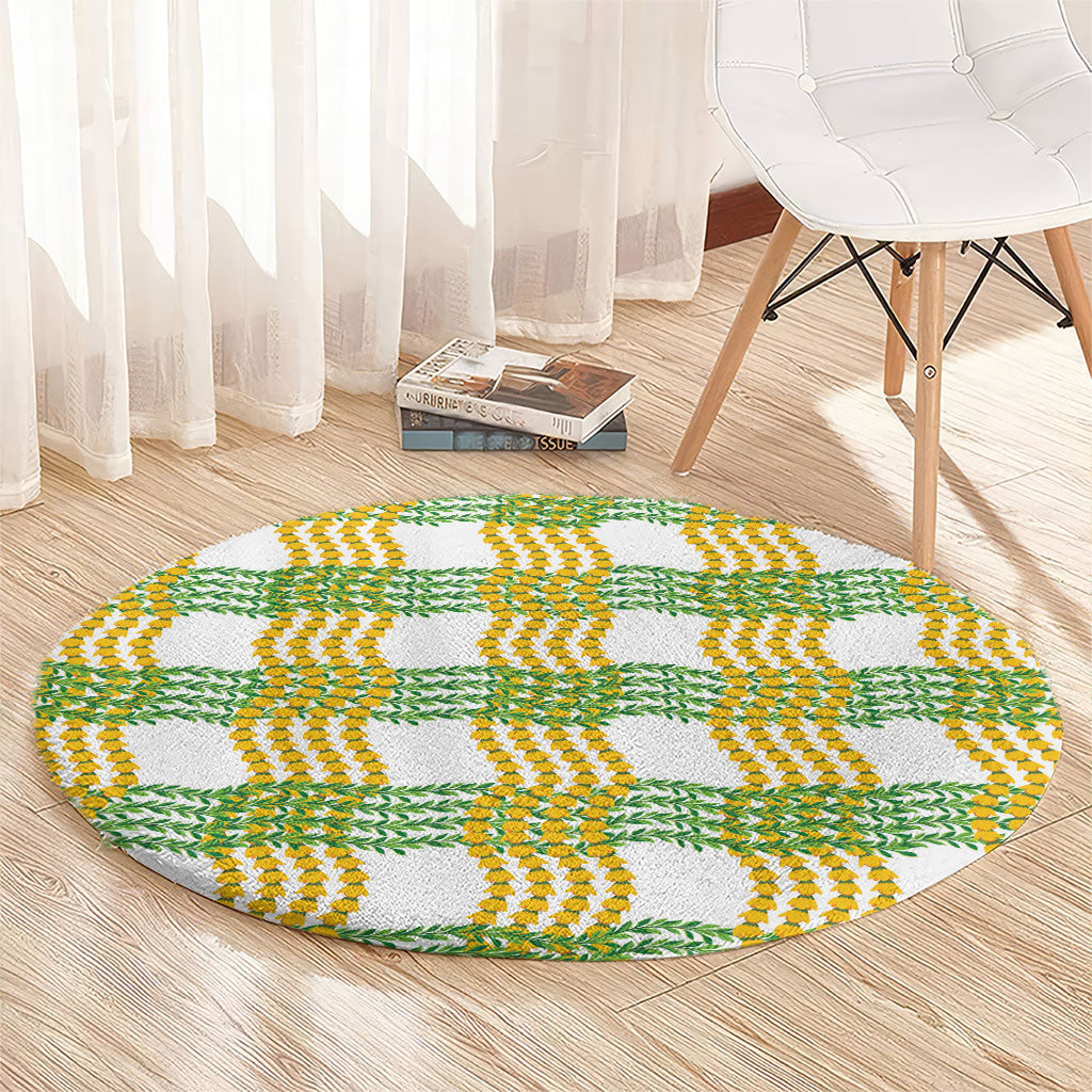 Aloha Hawaii Ilima Maile Lei Round Carpet Palaka Inspired Hawaiian-plaid White