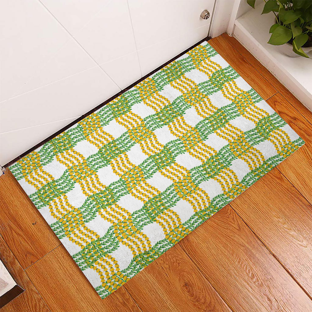 Aloha Hawaii Ilima Maile Lei Rubber Doormat Palaka Inspired Hawaiian-plaid White