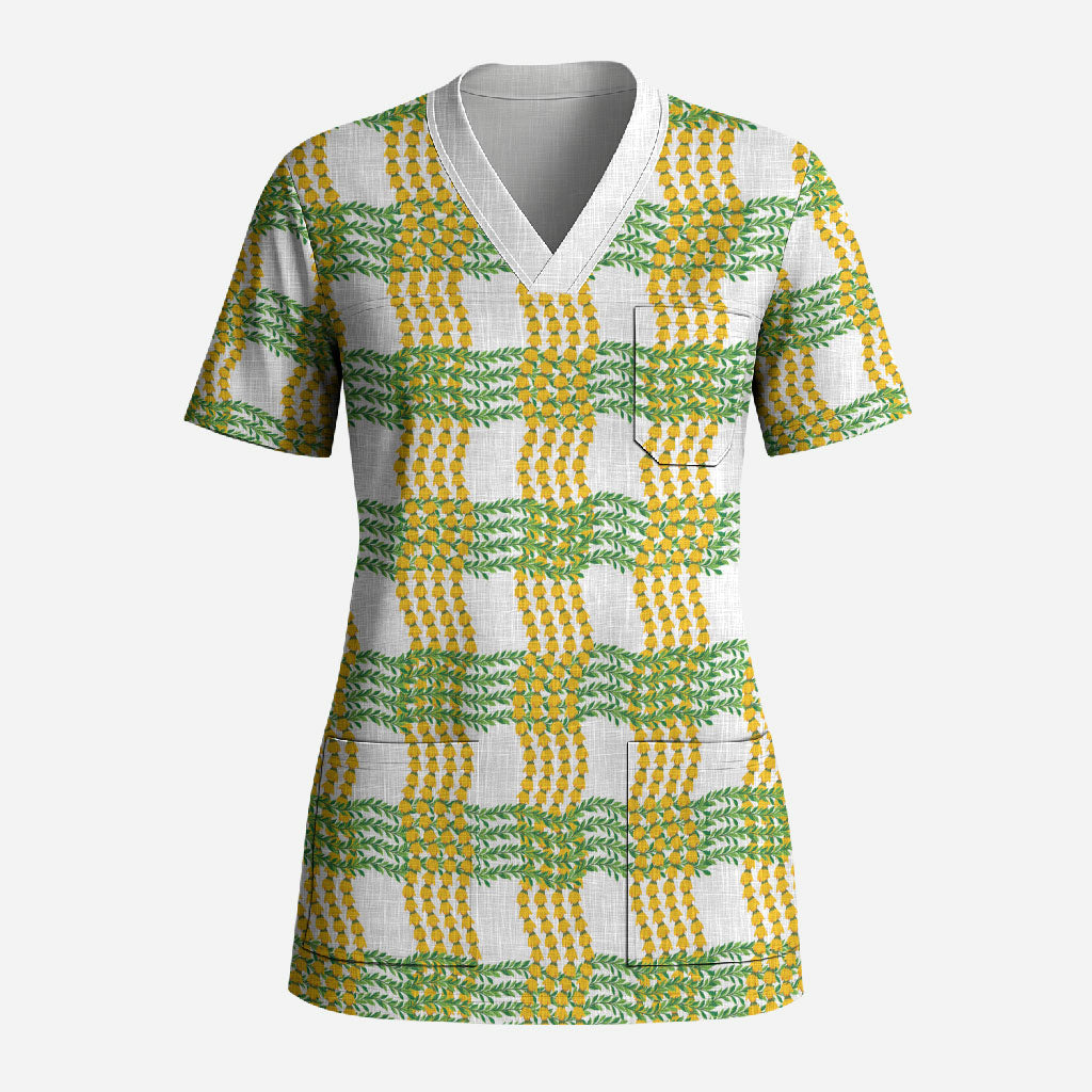 Aloha Hawaii Ilima Maile Lei Scrub Top Palaka Inspired Hawaiian-plaid White