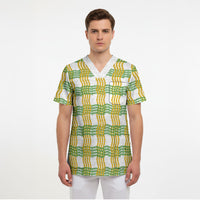 Aloha Hawaii Ilima Maile Lei Scrub Top Palaka Inspired Hawaiian-plaid White