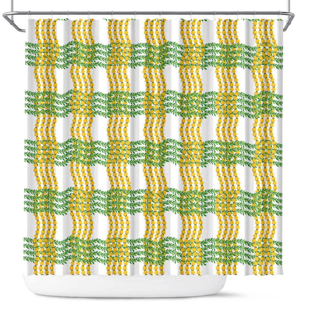Aloha Hawaii Ilima Maile Lei Shower Curtain Palaka Inspired Hawaiian-plaid White