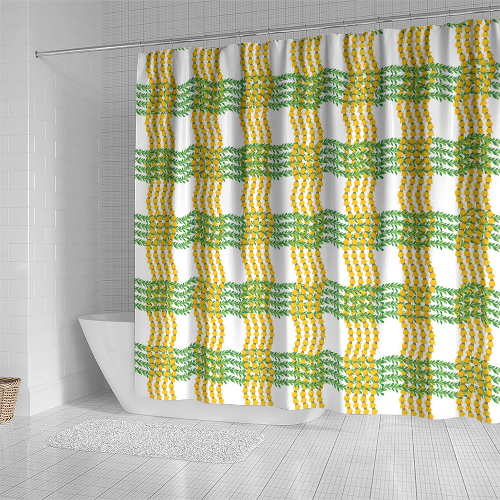 Aloha Hawaii Ilima Maile Lei Shower Curtain Palaka Inspired Hawaiian-plaid White