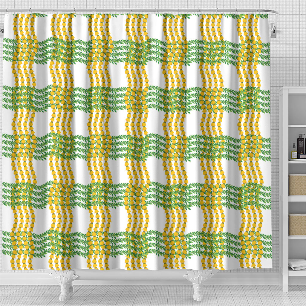 Aloha Hawaii Ilima Maile Lei Shower Curtain Palaka Inspired Hawaiian-plaid White