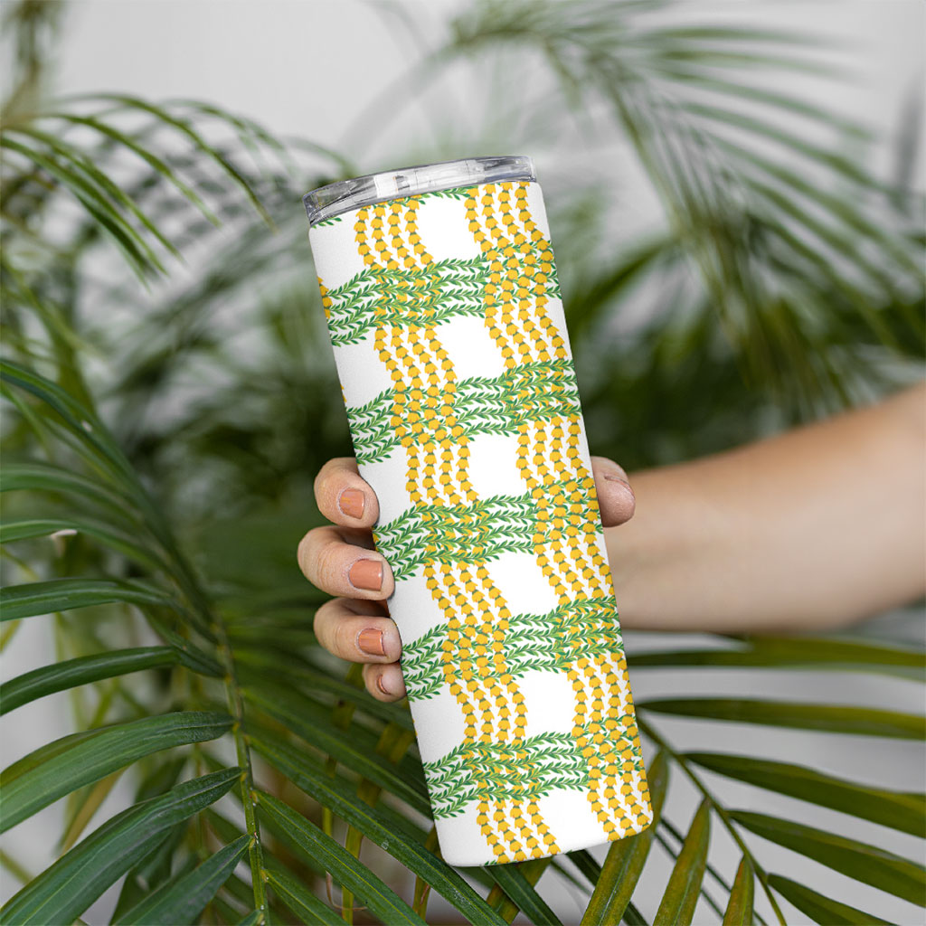 Aloha Hawaii Ilima Maile Lei Skinny Tumbler Palaka Inspired Hawaiian-plaid White