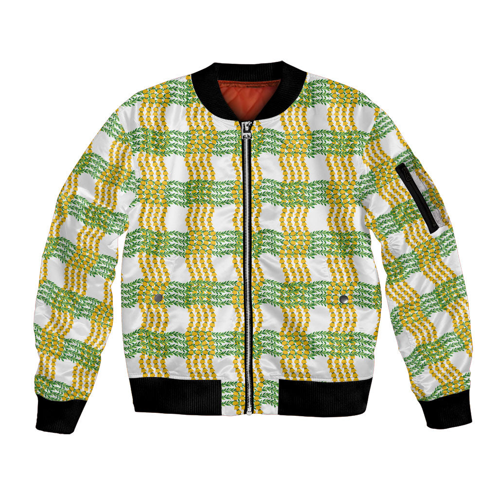 Aloha Hawaii Ilima Maile Lei Sleeve Zip Bomber Jacket Palaka Inspired Hawaiian-plaid White