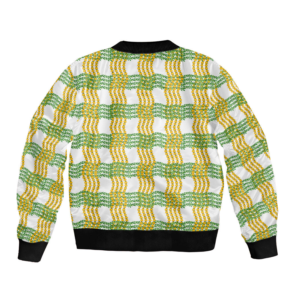 Aloha Hawaii Ilima Maile Lei Sleeve Zip Bomber Jacket Palaka Inspired Hawaiian-plaid White