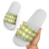 Aloha Hawaii Ilima Maile Lei Slide Sandals Palaka Inspired Hawaiian-plaid White