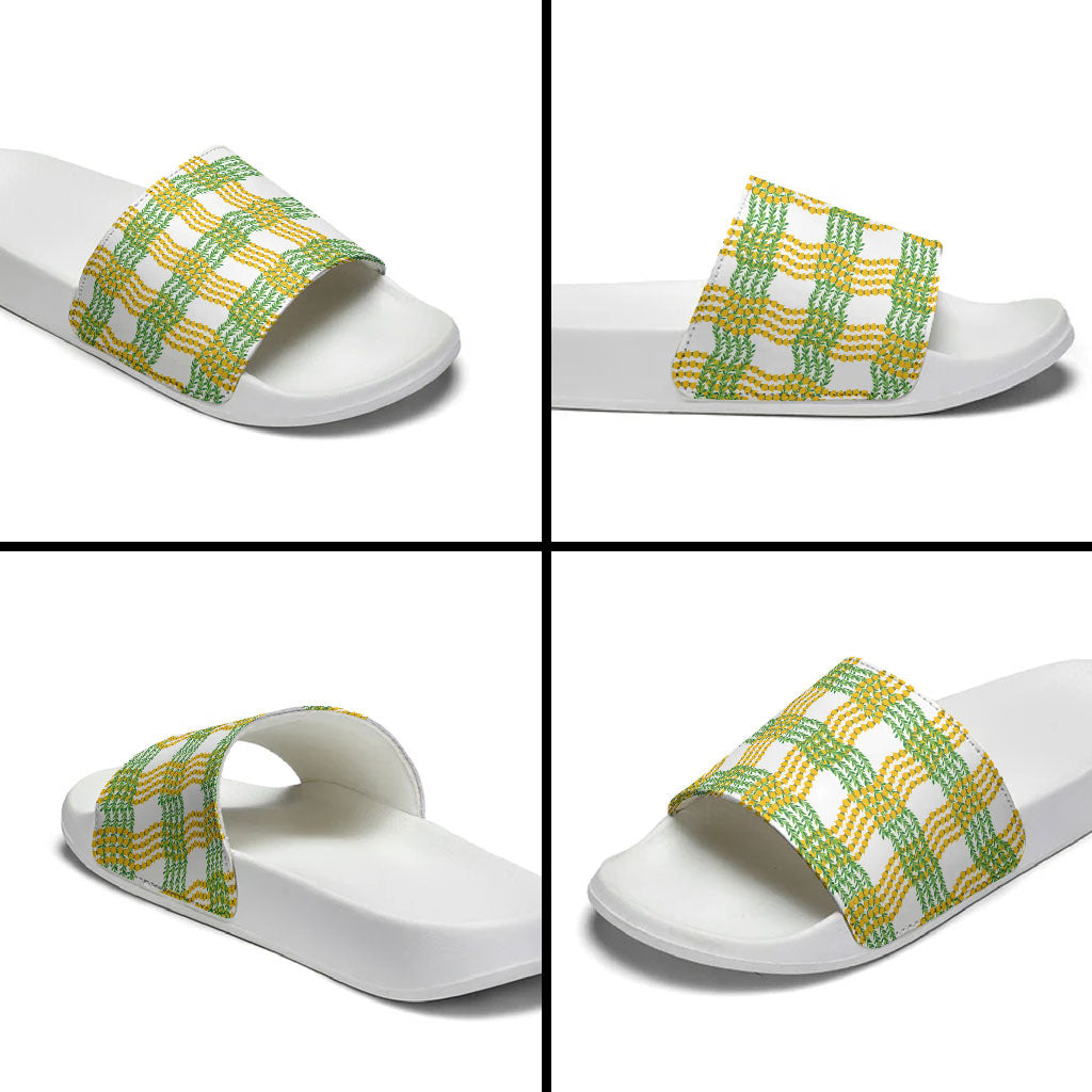 Aloha Hawaii Ilima Maile Lei Slide Sandals Palaka Inspired Hawaiian-plaid White
