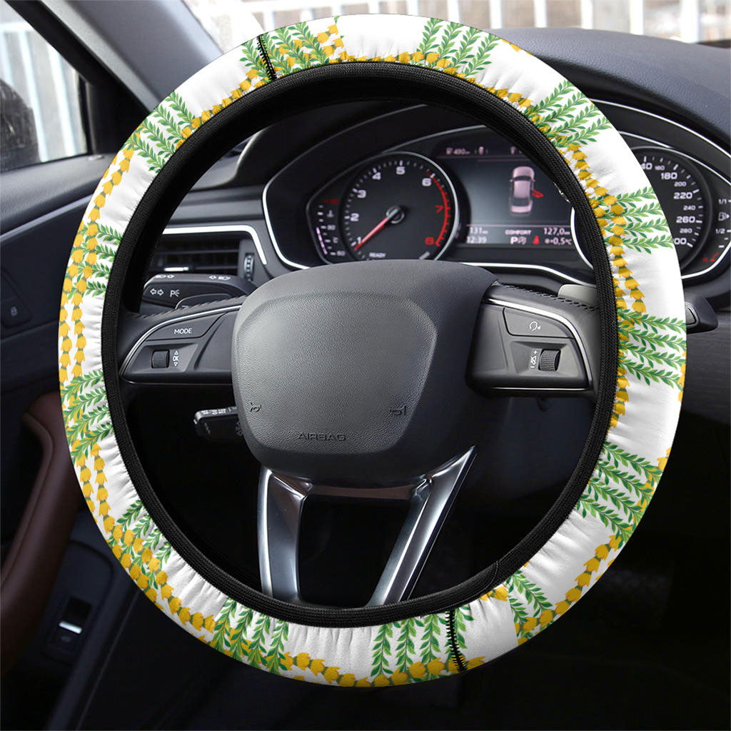 Aloha Hawaii Ilima Maile Lei Steering Wheel Cover Palaka Inspired Hawaiian-plaid White