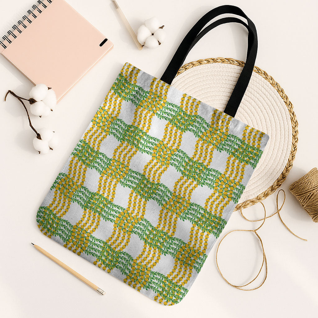 Aloha Hawaii Ilima Maile Lei Tote Bag Palaka Inspired Hawaiian-plaid White