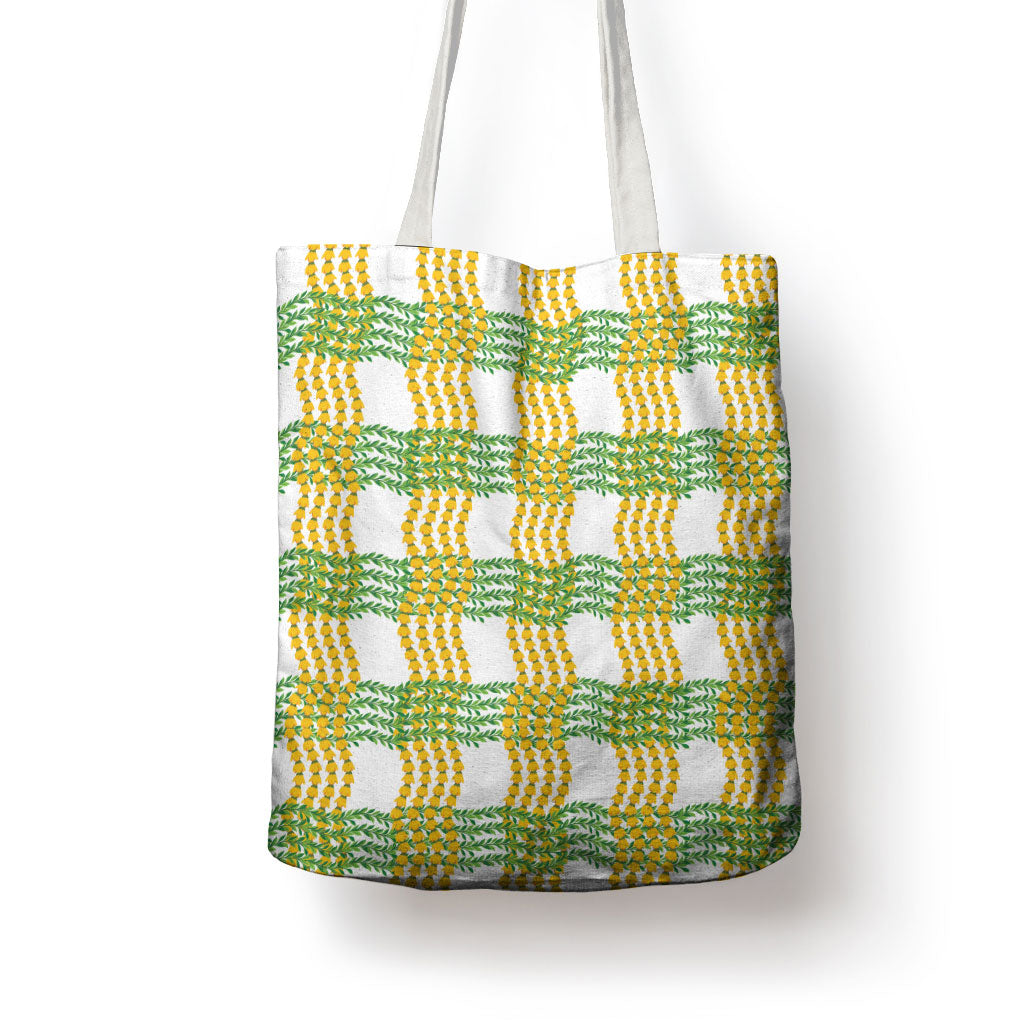 Aloha Hawaii Ilima Maile Lei Tote Bag Palaka Inspired Hawaiian-plaid White