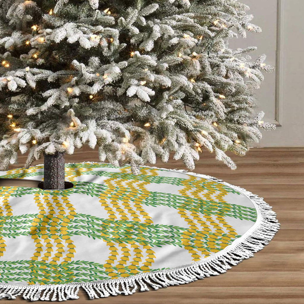 Aloha Hawaii Ilima Maile Lei Tree Skirt Palaka Inspired Hawaiian-plaid White