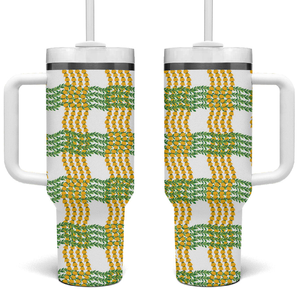 Aloha Hawaii Ilima Maile Lei Tumbler With Handle Palaka Inspired Hawaiian-plaid White