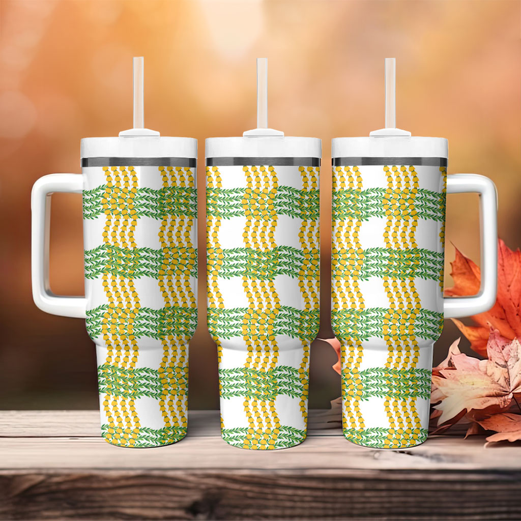 Aloha Hawaii Ilima Maile Lei Tumbler With Handle Palaka Inspired Hawaiian-plaid White