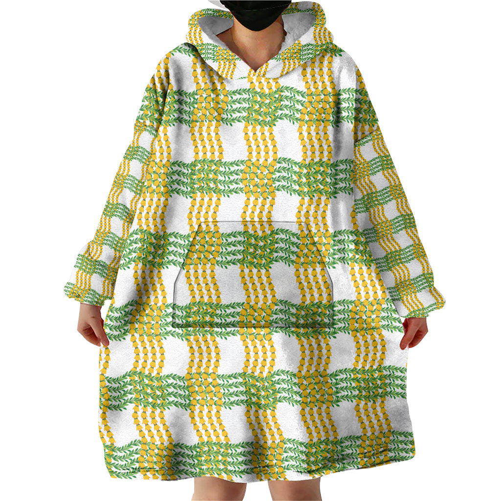 Aloha Hawaii Ilima Maile Lei Wearable Blanket Hoodie Palaka Inspired Hawaiian-plaid White