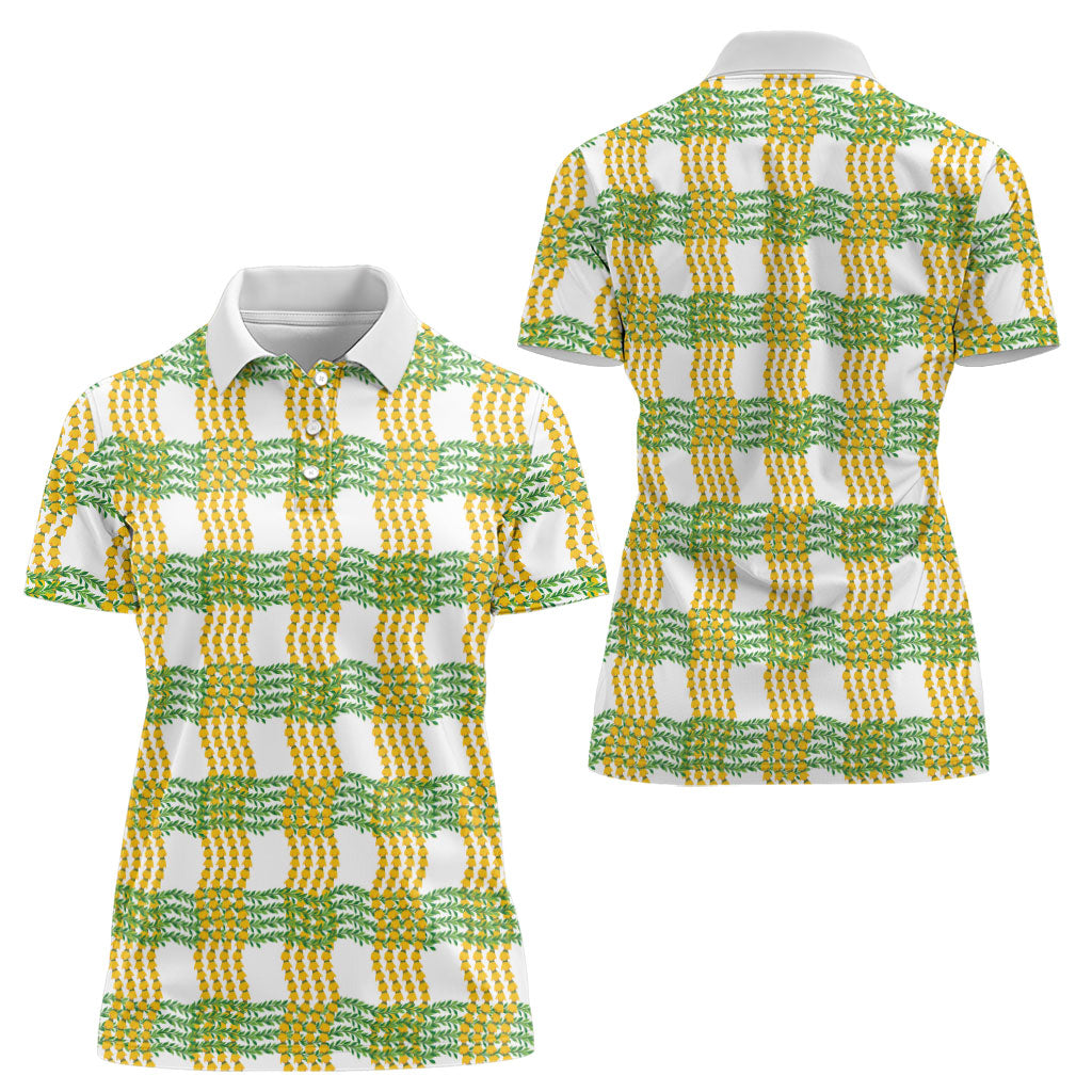 Aloha Hawaii Ilima Maile Lei Women Polo Shirt Palaka Inspired Hawaiian-plaid White